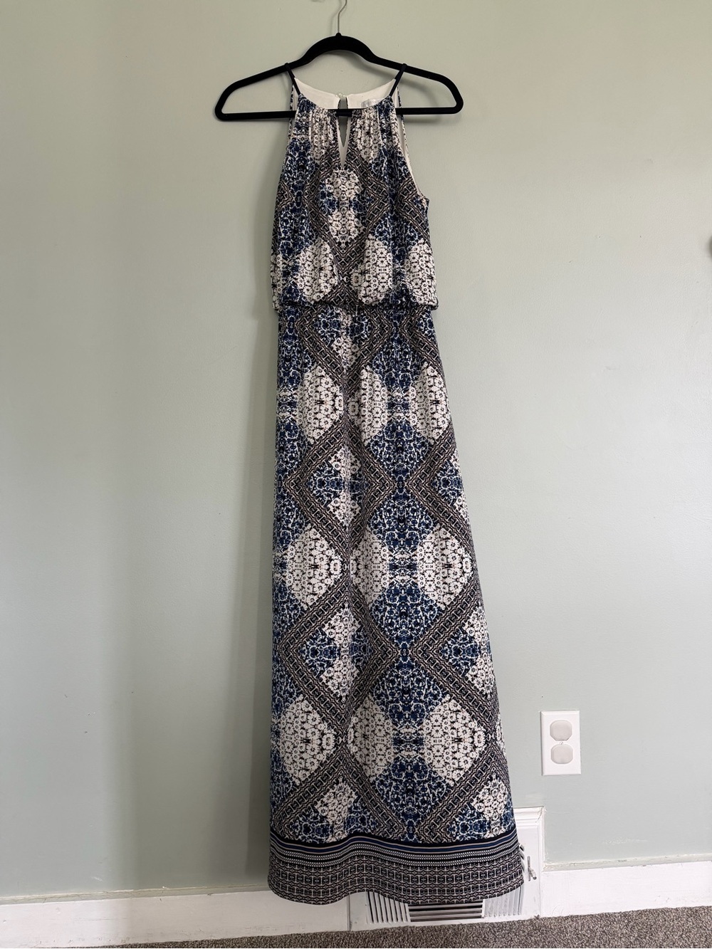 London Times Sleeveless Blue, White, & Tan Printed Halter Maxi Dress